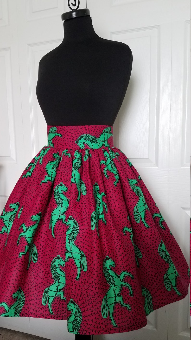 Fits US Size 10-12 Waist 32 Pink Green Short Skirt; High Waisted Wide Waistband Gathers; Pocket; West African Wax Cotton
