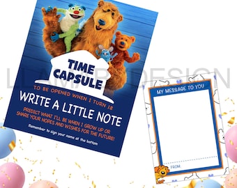 Bär im großen blauen Haus Time Capsule Schild und passende druckbare Nachricht an Sie Karten zum ersten Geburtstag oder jede Party - DIGITALE DATEI