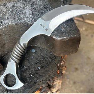 May include: A silver-colored, curved knife with a textured handle. The knife has a ring on the handle and the letters "ALH" are engraved on the blade.