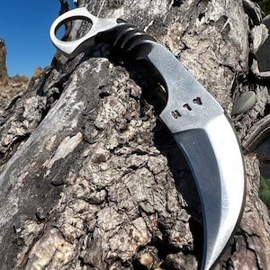 May include: A silver-colored karambit knife with a curved blade and a finger ring at the end of the handle. The metal handle features a series of horizontal grooves for grip, and the blade is stamped with the letters ALM near the base.