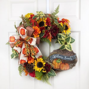 Autumn floral wreath,  fall pumpkin and sunflowers wreath, front door decor,  fall home decor, rustic fall wreath