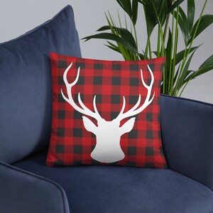 Buffalo plaid pillow, dear antler pillow, accent pillow, Christmas home decor