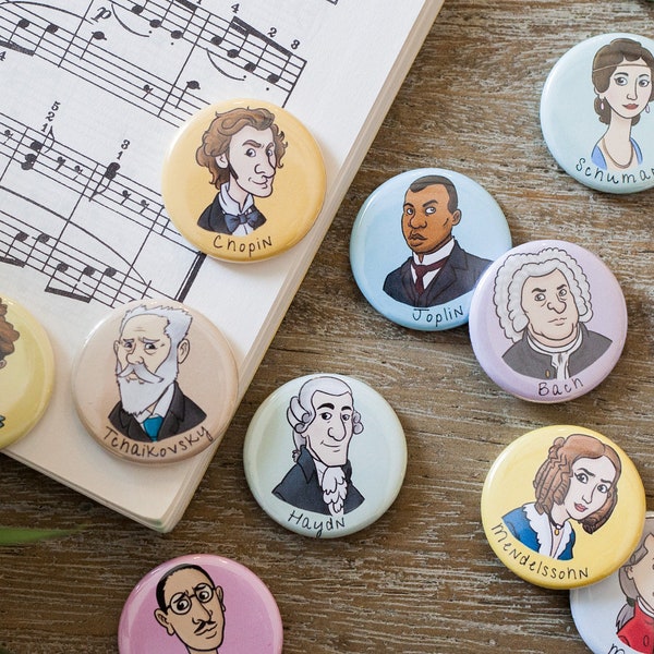 Composer Buttons // Gift for Musician // Teacher Gift // Piano Teacher // Classical Music // Button Pins // Magnets