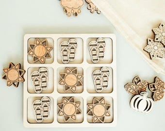Four Seasons Tic Tac Toe Game, Wooden Travel Game for Kids, Montessori Toy, Spring Summer Fall Winter Board Game, Quiet Toy Gift