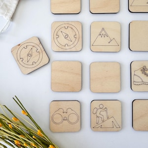 Avontuurlijk houten memoryspel, buiten bijpassende kaartspellen voor kinderen, montessoribordspel, roadtrip-activiteiten, voorschoolse spellen