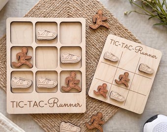 Wooden Tic Tac Toe Travel Game – Running Theme, Portable Board, Race Lover Gift