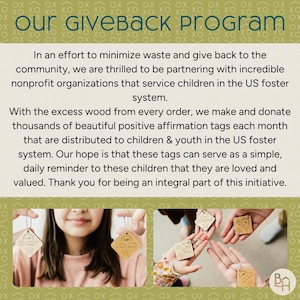 The image is a collage of three photos showing people holding wooden tags with positive affirmations, such as "I love you", "I am loved", and "I am valued". The collage is set against a green background with a repeating pattern of circles.
