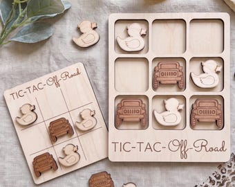 Wooden Tic Tac Toe Game: Off Road Adventure Theme, Handcrafted Wood (Includes Bag)