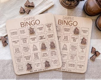 Camping Bingo Game - Portable Travel Activity - Compact Wooden Board, Natural Cotton Bag, Screen-Free Entertainment