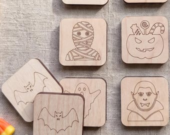 Halloween Maple Wood Memory Game: Spooky Castle, Vampire, Ghost Tiles (24 Pieces)