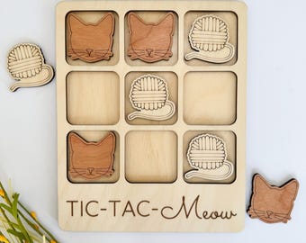 Handmade Wooden Cat Tic Tac Toe – Travel Size Board Game