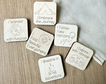 Adventure Wooden Tokens: Nature Affirmations, Handmade Wood, Cotton Bag (6-Piece Set)
