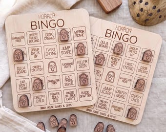 Horror Movie Bingo Game: Maple Mahogany Wood, Halloween Party Fun, Rustic Pieces (6.5x5.5 Inches)