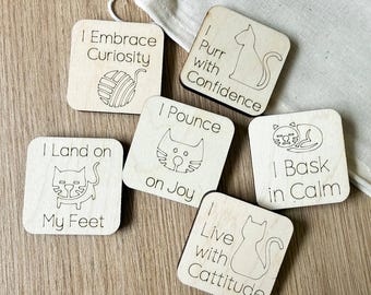 Wooden Cat Affirmation Tokens: Daily Positivity Set (Handmade, USA)