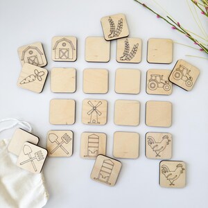 Boerderij houten memoryspel, kaartspellen voor kinderen die passen bij de natuur, montessoribordspel, roadtrip-activiteiten, voorschoolse spellen