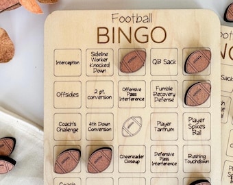 Wooden Sports Bingo Game, Engraved Sports Board, Includes Chips and Cotton Bag