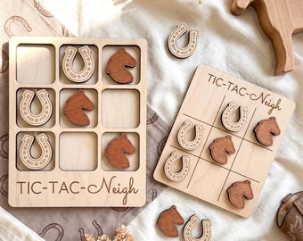 Handcrafted Wood Horse Tic Tac Toe Game: Equestrian Design, Family Fun, Cotton Bag