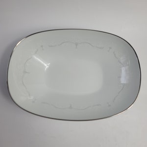 Noritake China Whitebrook 9 Inch Oval Serving Bowl White Flowers Gray Scrolls