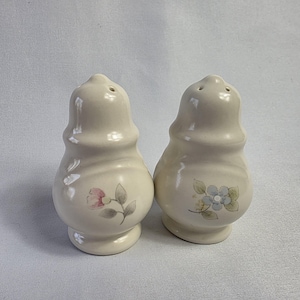 Pfaltzgraff Tea Rose Stoneware Salt & Pepper Set Ivory Pink Blue Flowers