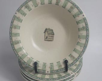 FOUR Pfaltzgraff Naturewood Soup Cereal Bowls Bird House in the Center