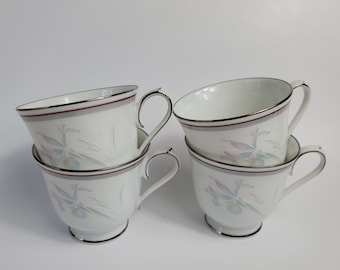 FOUR (4) Noritake China Malverne Cups White Maroon & Gray Bands Blue Pink Flowers