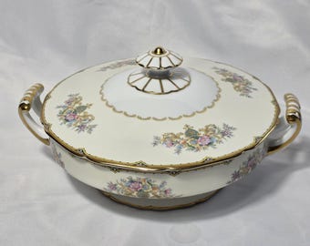 Noritake N553 Round Covered Vegetable Bowl Black Yellow Border Floral Bouquets