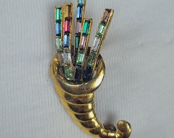 Vintage Gold Tone Cornucopia Horn of Plenty Brooch Pin Multicolored Rhinestones
