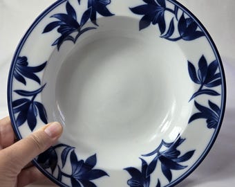 ONE Pier 1 Ming Rim Soup Bowl White with Blue Leaves and Flowers