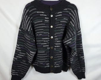 Men's Vintage Mondo Wool Alpaca Cardigan Sweater Size Large Black Gray Stripes