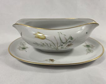 Stonegate Spring Breeze Gravy Boat with Underplate White with Yellow Tulips