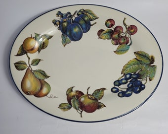 Pier 1 MacIntosh Serving Platter, 14 Inch Platter White Multicolored Fruit, Pier 1 Imports Dishes, Oval Platter Harvest Fruit Pattern