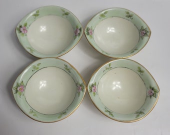 FOUR Vintage Salt Cellars Ivory with Green Trim Pink Flowers Hand Painted