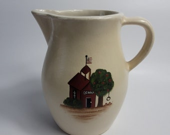 Robinson Ransbottom Pottery Roseville Pitcher Beige Red One-Room School House, Ransbottom Pottery, USA Pottery