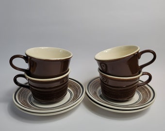 FOUR Royal USA Casa Del Sol Cup & Saucer Sets Cavalier Brown Bands Brown Flower