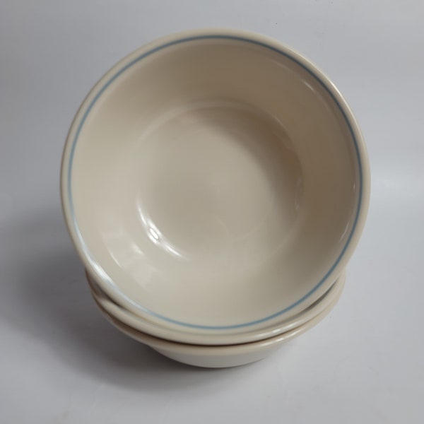 THREE Corning Corelle Blue Lilly Cereal Bowls Ivory with Blue line Around Rim