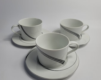 THREE Block Spal White Pearl Cup & Saucer Sets White with Black Swirls Jack Prince
