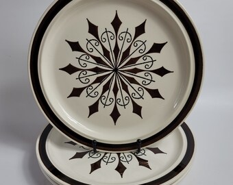 THREE Royal USA Mesa Dinner Plates White Brown Medallion & Band, Royal USA Omegastone, Royal Mesa Stoneware, Royal Omegastone