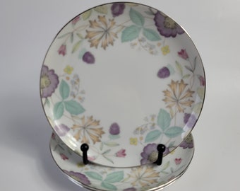 THREE Sango China Fantasia Bread Plates White with Multicolor Flowers Leaves Purple Flowers Teal Leaves