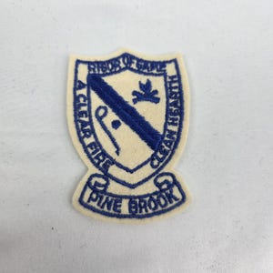 May include: Cream-colored embroidered patch with blue text and design. The patch is shield-shaped with the words "A Clear Fire" and "Clean Hearth" on the sides. The text "Pine Brook" is at the bottom. The design includes a blue diagonal stripe and a small emblem.
