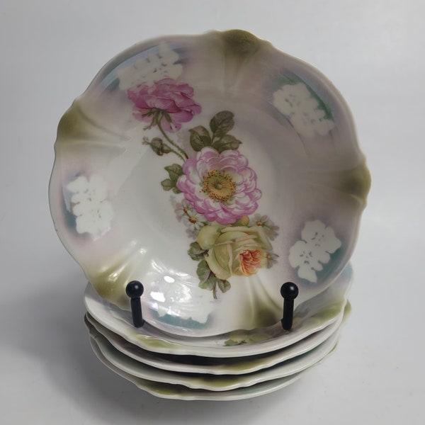 FIVE J.H.R. & Co Nurnberger China Bowls White with Blue Green Rim Pink Flowers