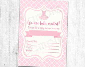 Digital. Instant Download. Fill-In. Pink Tutu Ballerina Baby Girl Shower Invitation Card, Thank You Card, Prediction Card.