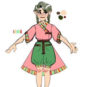 Könnte beinhalten: Eine Cartoon-Illustration einer Person mit grünen Haaren und spitzen Ohren, die ein rosa Hemd mit einem grünen Rock und braunen Schuhen trägt.