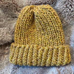 Cosy wool yellow golden knit beanie unisex hat for adults