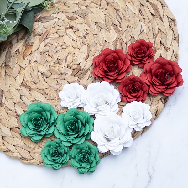 Red White Green Small Paper Flowers, Rosettes, Paper Roses, Wedding flowers, Mexican Flag, Fiesta Decorations