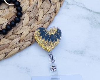 Heart Sunflower Badge Reel, Veterinarian Gift, Nurse ID Holder, RN Key Card, Cute Teacher Acrylic, Teacher Gift, Personalized Badge Reel