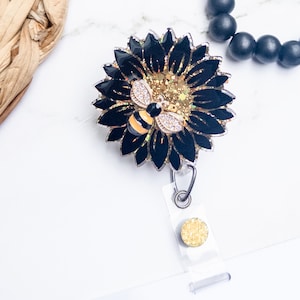 Sunflower Bee Badge Reel, Gold Sunflower Nurse ID Holder, RN Key Card, Cute Teacher Acrylic, Teacher Gift, Personalized Badge Reel