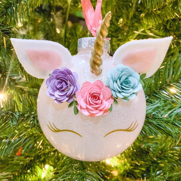 Unicorn Christmas Glitter Ornament, Personalized Ornament for girls, Unicorn Favor Ornament, 4" plastic disc ornament