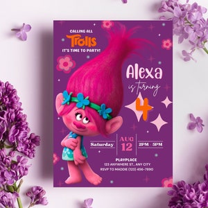Poppy Trolls Geburtstagseinladung & Dankeskarte - Digitale, bearbeitbare, druckbare Einladungsvorlage für Trolls Partyfeier