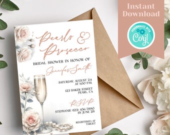 Versuchen Sie, bevor Sie Brautpartyeinladungen kaufen, Brautpartyeinladung, sofortiger Download, Perlen & Prosecco, 100% bearbeitbare einladen bestellen