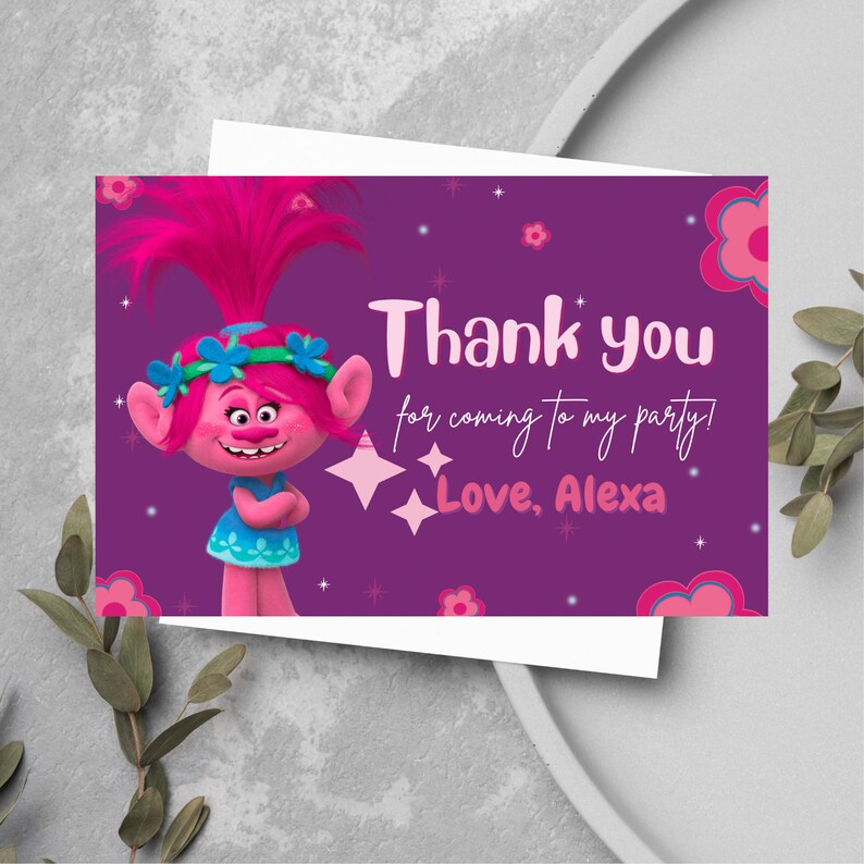 Poppy Trolls Birthday Invitation &amp; Thank You Card - Digital, Editable, Printable Invite Template ...